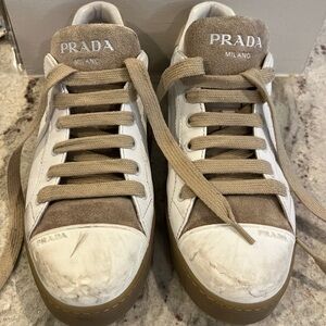Prada Beige and White Low-Top Sneakers